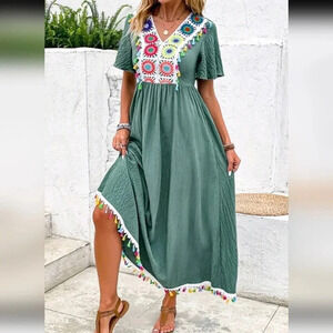 Crochet Flower & Tassel Trimmed Fringe Hem Dress